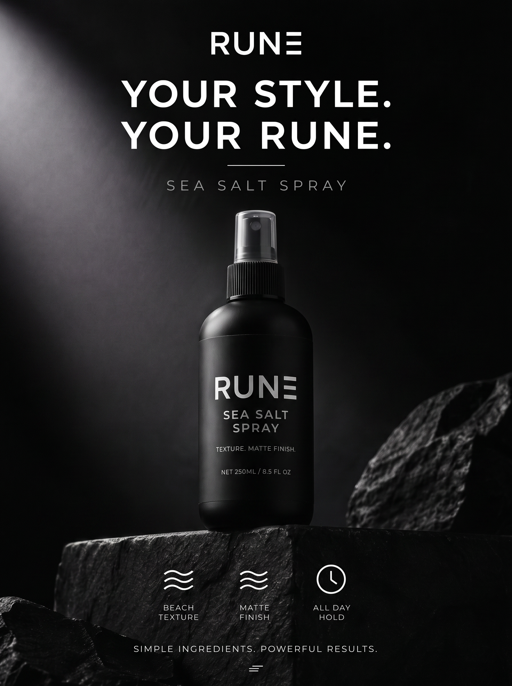 Rune Sea Salt Spray campaign image on black stone
