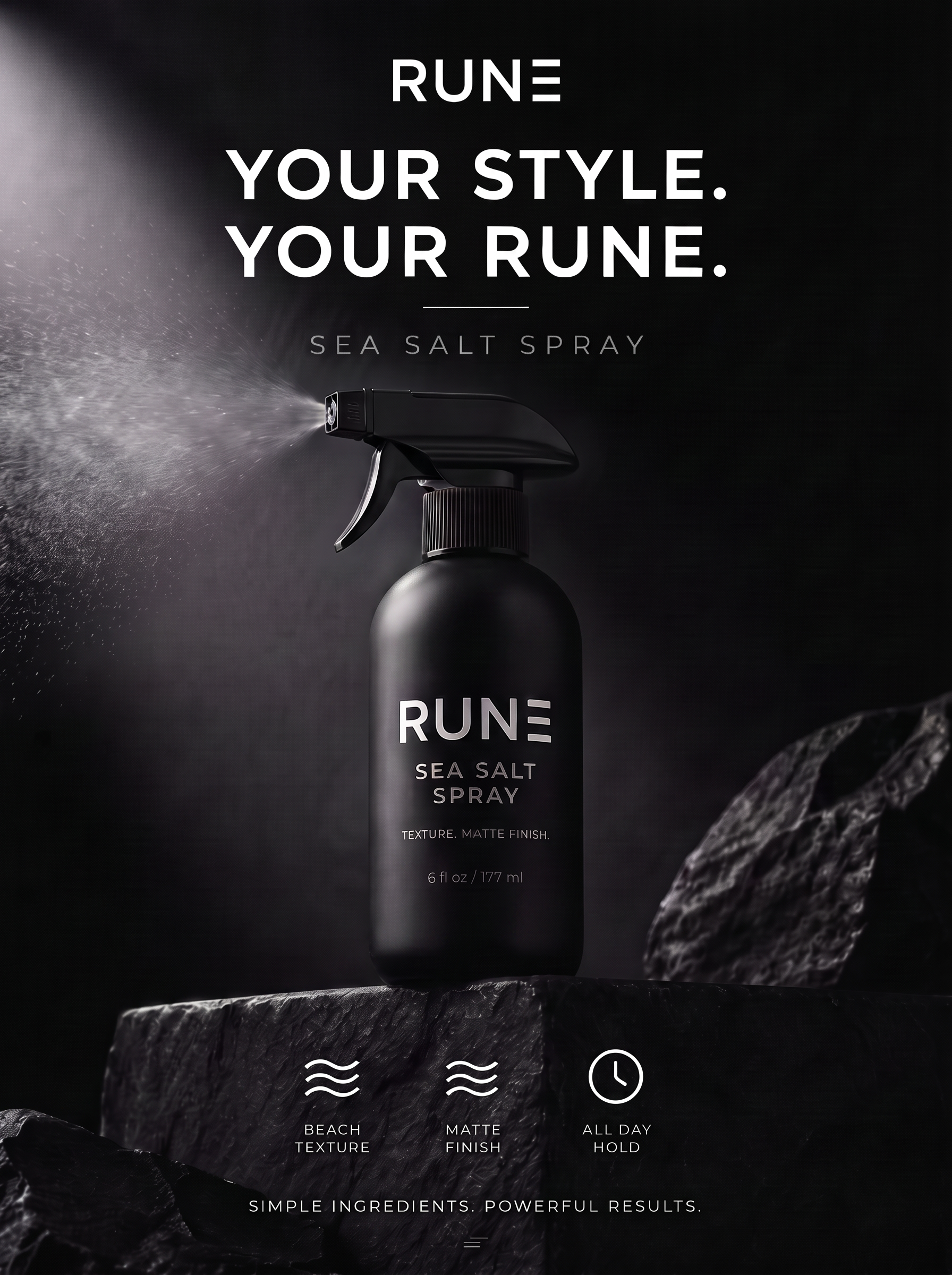 Rune Sea Salt Spray campaign image on black stone